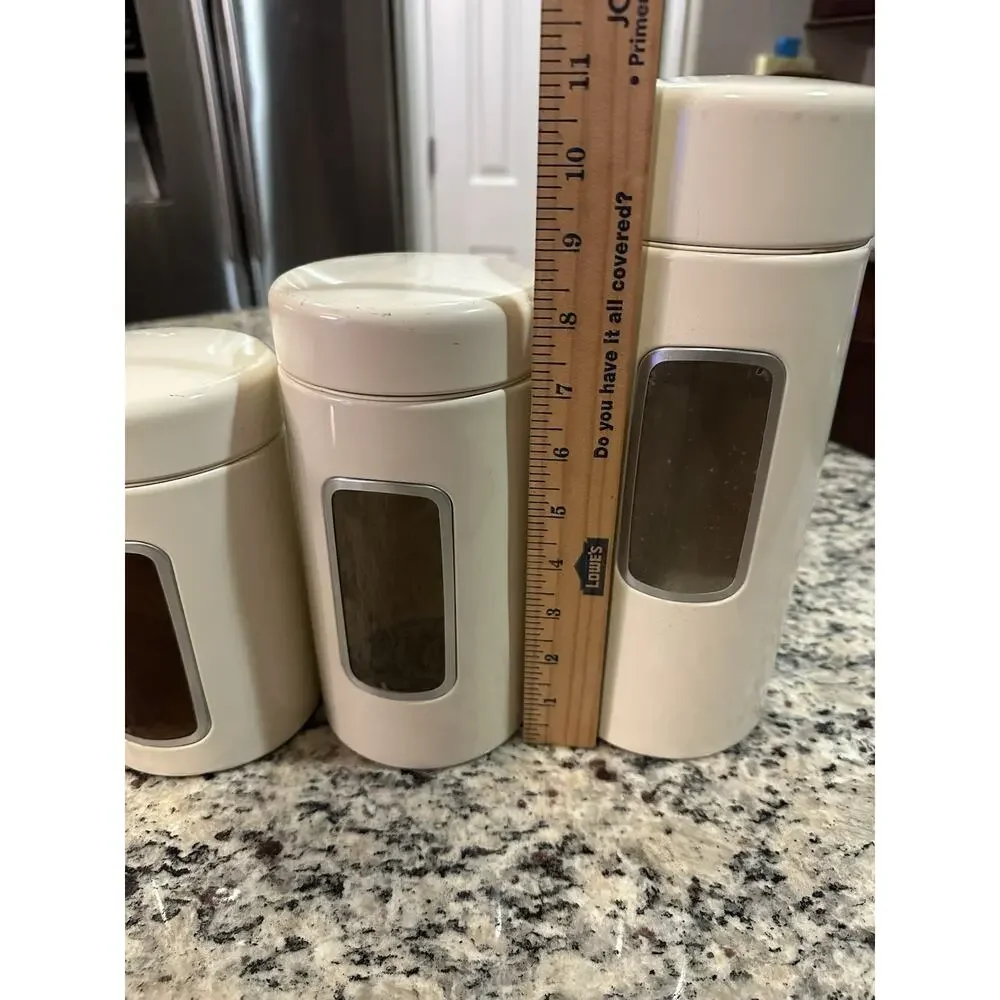 Vintage MCM Lidded Set/3 CHANTAL Cream Color Metal Canisters w/See Thru * Read
